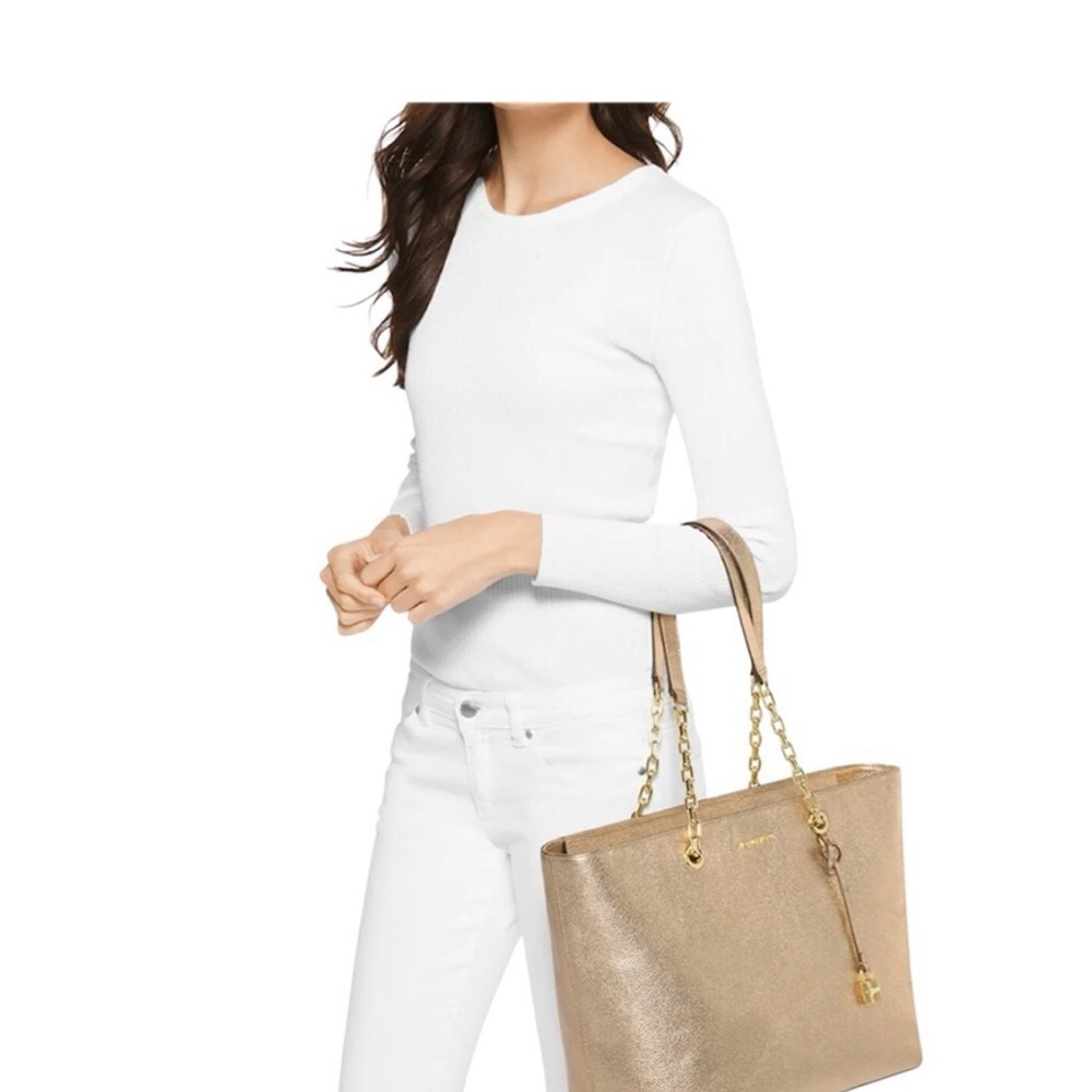 Michael Kors Mercer Chain Tote Bag w/ Laptop Compartment in Metallic Pale Gold - Picture 2 of 16